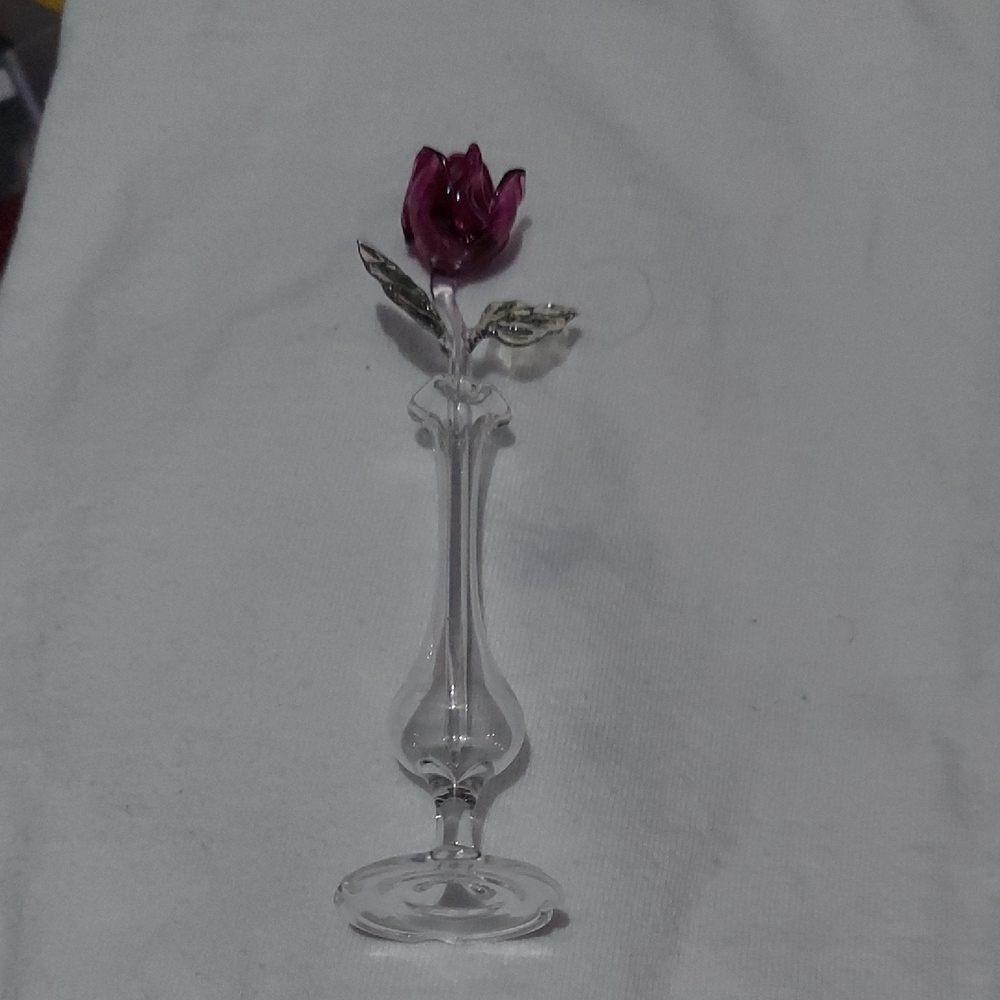 Hand Blown Mini Glass Rose And Vase. Made In France. Antique.